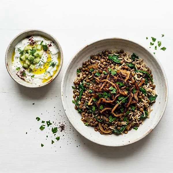 Lentil & spinach mujaddara with crispy onion and cucumber labneh 